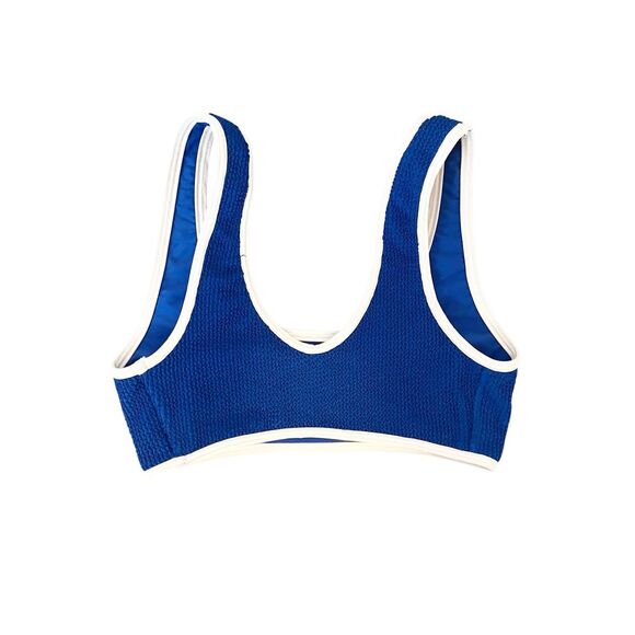 Beach Babe Blue Ribbed White‎ Trim Swim Suit Top Size Small - Picture 2 of 3